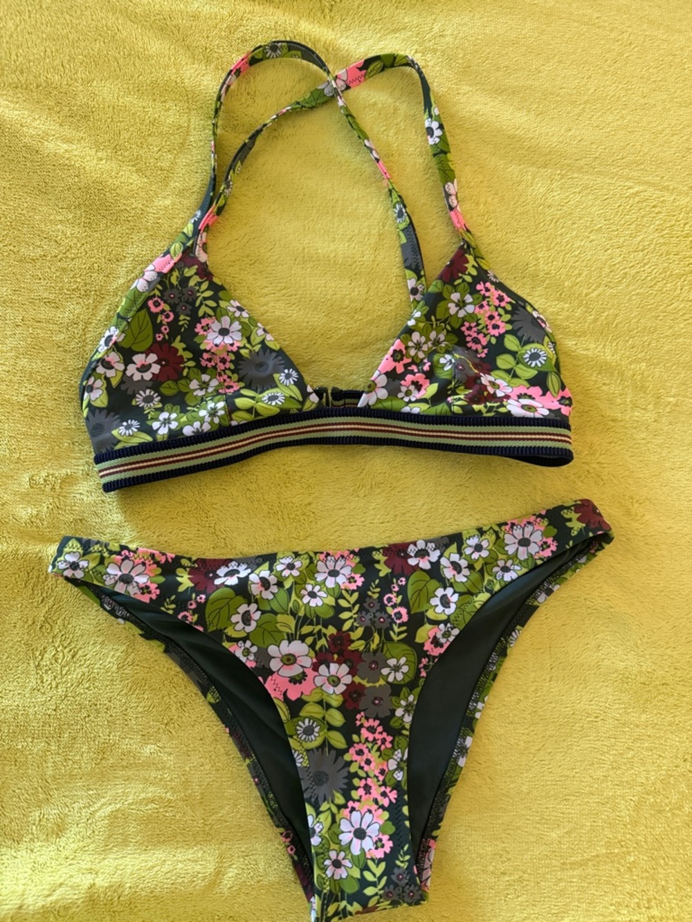 aerie Olive Green Floral Bikini with Pink & White Blossoms